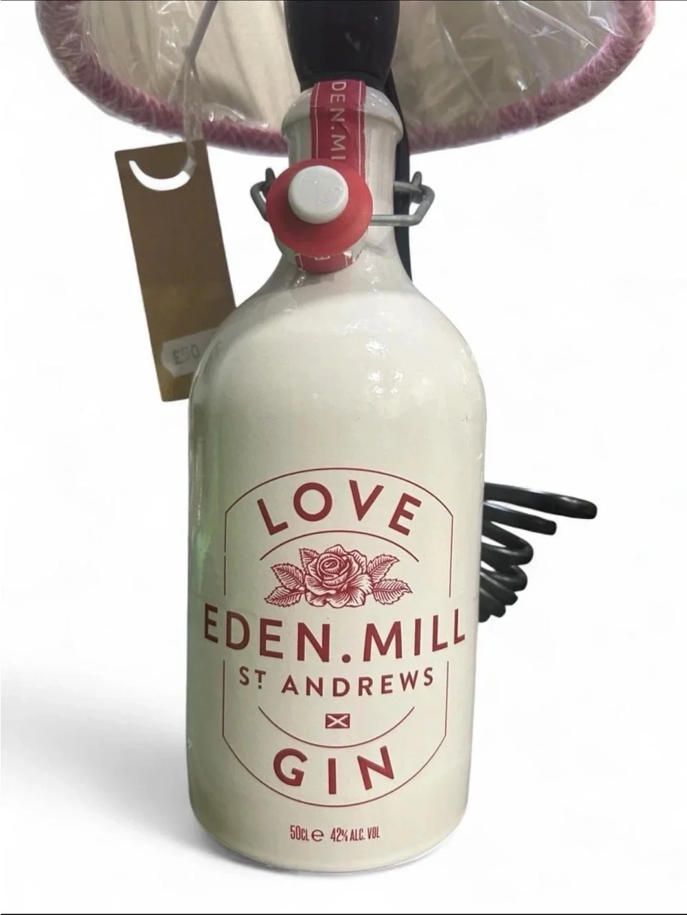 Eden Mill St Andrews Love Gin Upcycled Bottle Lamp Pink Harris Tweed Shades